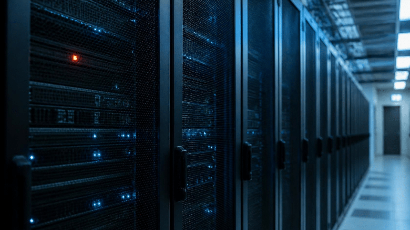 1026-Server-room Cloud server room with a warning indicator, representing the May 2026 AWS us-east-1 outage and cloud vendor concentration risk