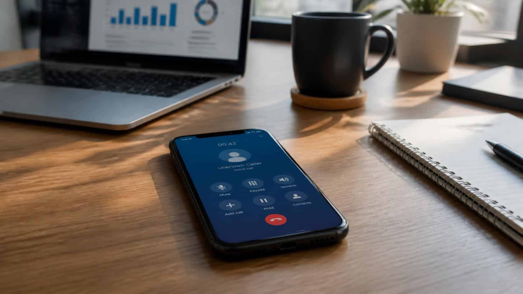 Smartphone displaying an incoming call, representing an AI-generated voice-cloning scam impersonating a company executive